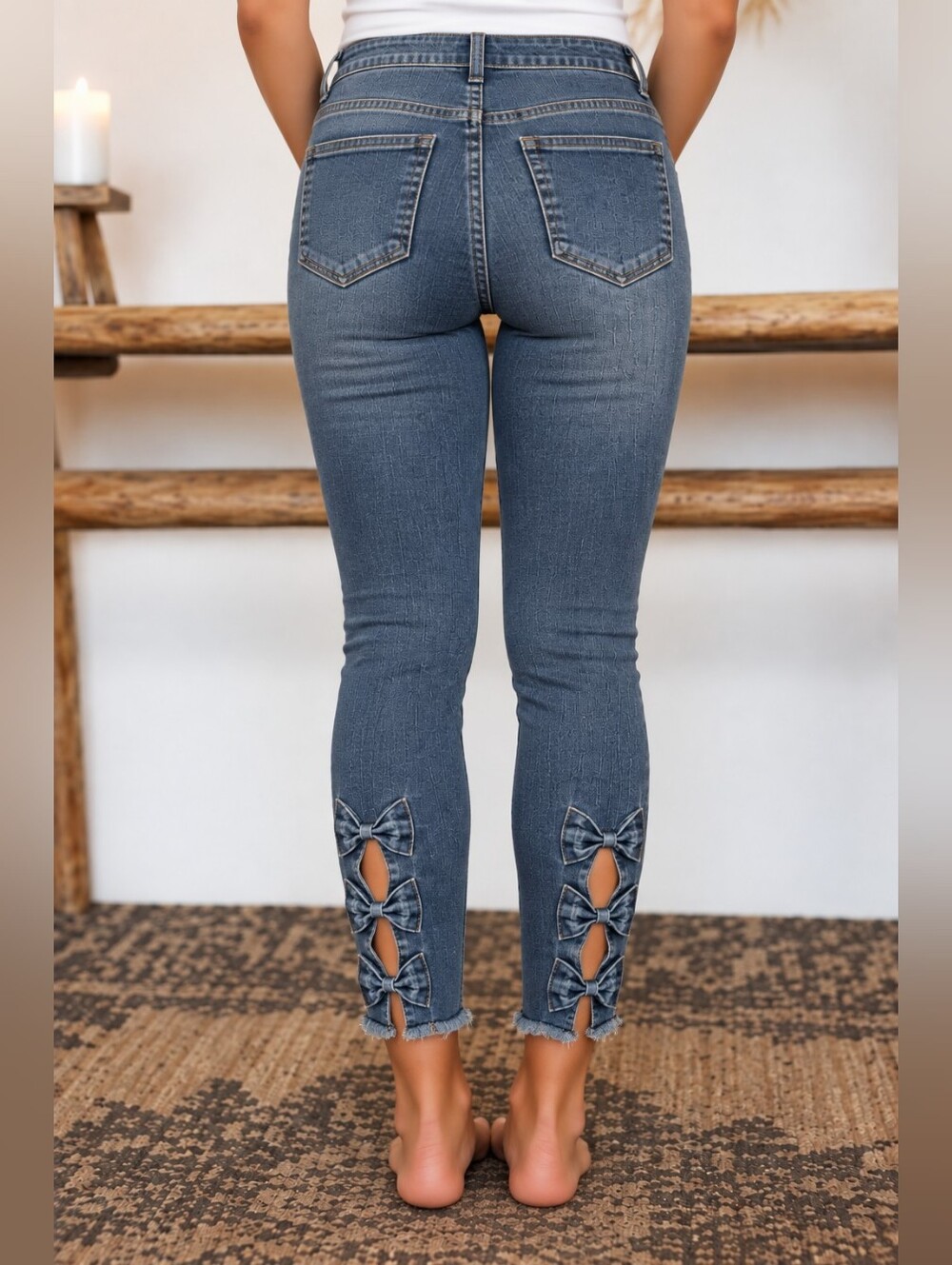Flamingals Raw Hem Cut Out Bow Tie Mid Waist Crop Skinny Jeans NWT Large